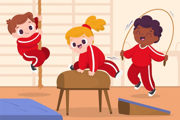 Ilustración de dibujos animados de niños en clase de educación física | Vector Gratis Ilustración de dibujos animados de niños en clase de educación física | Vector Gratis