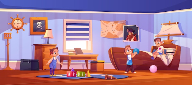 Ilustración de dibujos animados de niños y niñas jugando con juguetes en la habitación de los niños