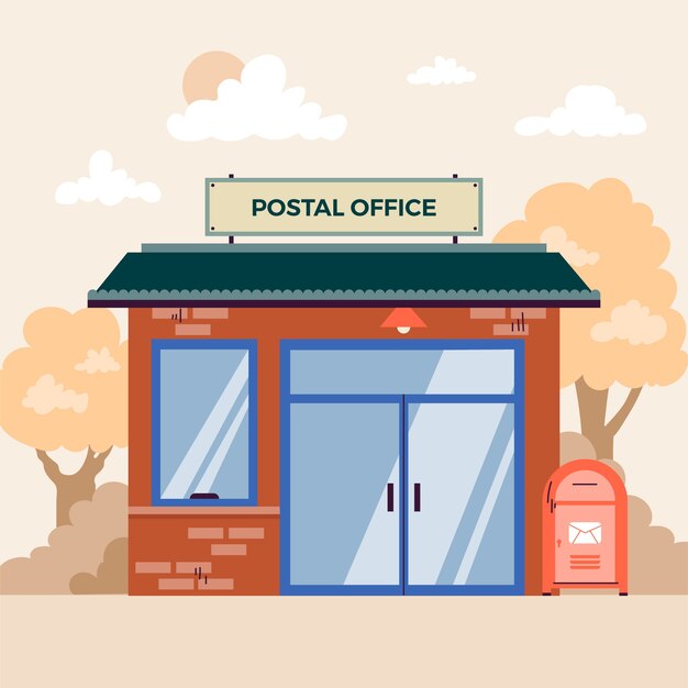 Ilustración de dibujos animados de la oficina de correos dibujada a mano