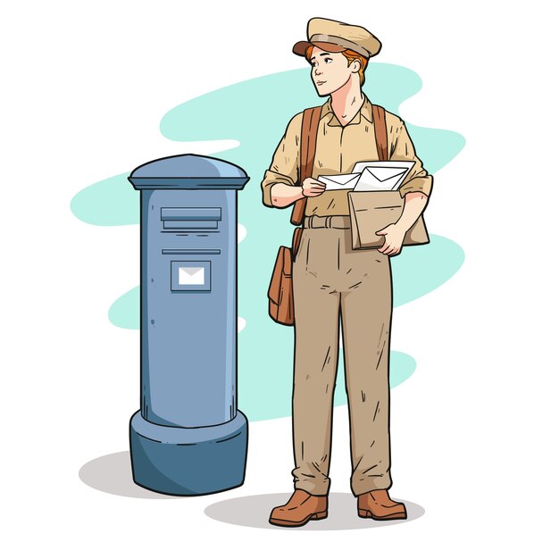 Ilustración de dibujos animados de la oficina de correos dibujada a mano