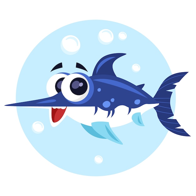 Ilustración de dibujos animados de peces espada dibujados a mano