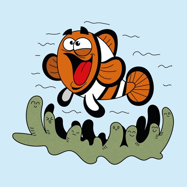 Ilustración de dibujos animados de peces payaso dibujados a mano