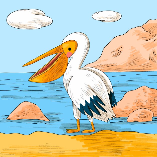 Ilustración de dibujos animados de pelícanos dibujados a mano