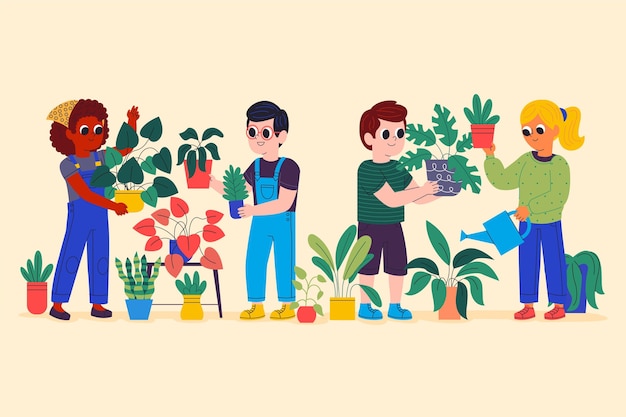 Vector gratuito ilustración de dibujos animados de personas cuidando plantas