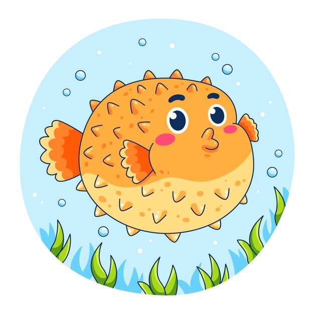 Ilustración de dibujos animados de pez globo dibujado a mano