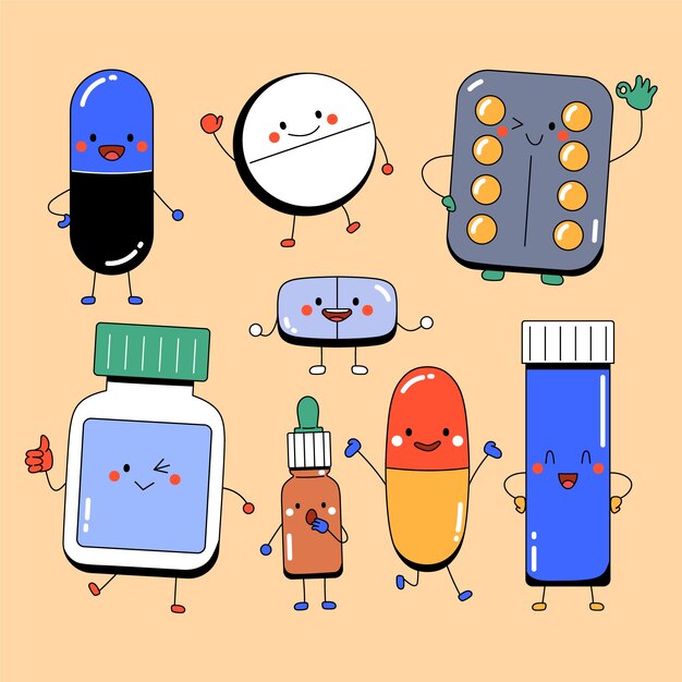 Ilustración de dibujos animados de píldora dibujada a mano