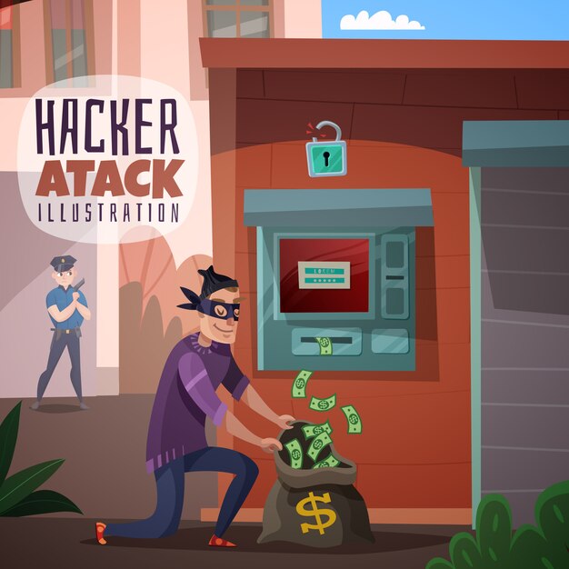 Ilustración de dibujos animados de piratería bancaria