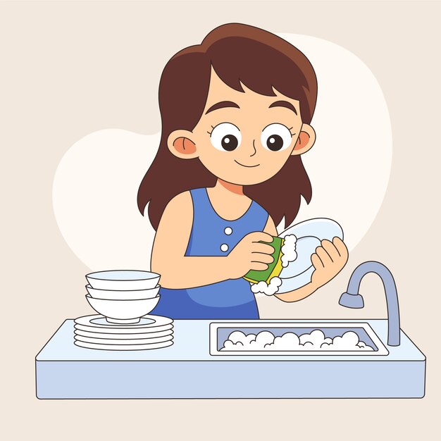 Ilustración de dibujos animados de platos de lavado dibujados a mano
