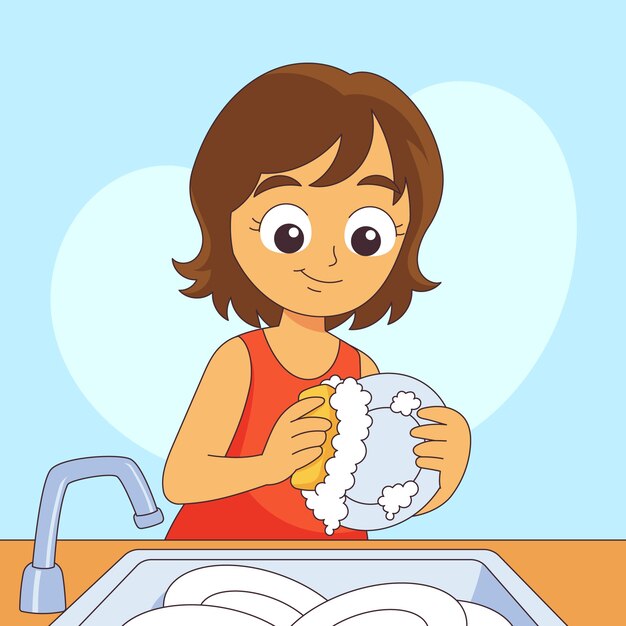 Ilustración de dibujos animados de platos de lavado dibujados a mano