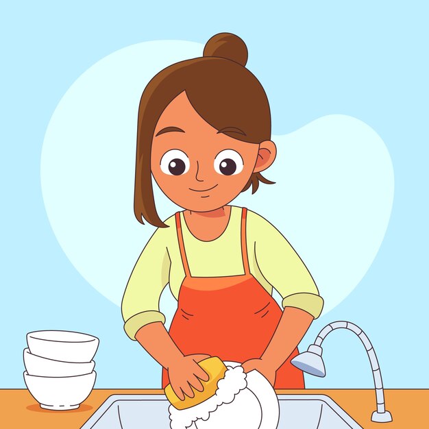 Ilustración de dibujos animados de platos de lavado dibujados a mano