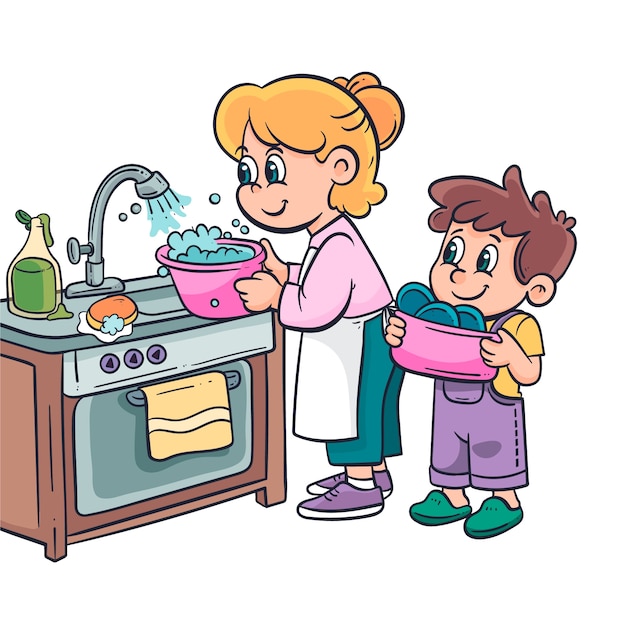 Ilustración de dibujos animados de platos de lavado dibujados a mano