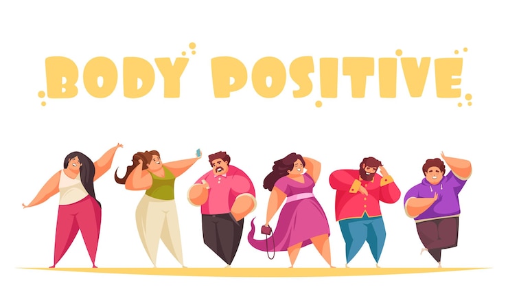 Vector gratuito ilustración de dibujos animados positivos de cuerpo con personajes humanos felices regordetes en blanco