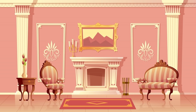 Vector gratuito ilustración de dibujos animados de la sala de estar de lujo con chimenea, salón de baile o pasillo con pilastras