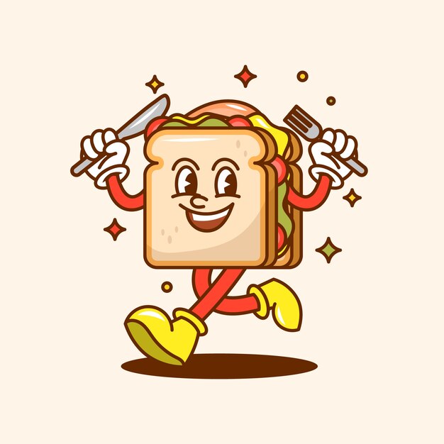 Ilustración de dibujos animados de sándwich de tostadas dibujadas a mano