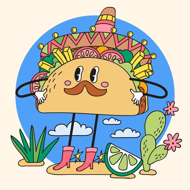 Ilustración de dibujos animados de taco dibujado a mano