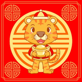 Ilustración de dibujos animados de tigre lindo con lingote de oro sobre fondo rojo para el año nuevo chino