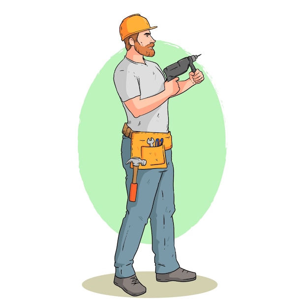 Ilustración de dibujos animados de trabajador de construcción dibujado a mano