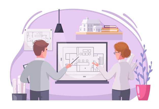 Ilustración de dibujos animados de trabajo de arquitecto