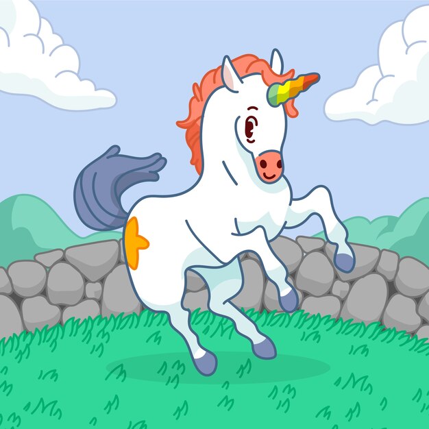 Ilustración de dibujos animados de unicornio dibujada a mano