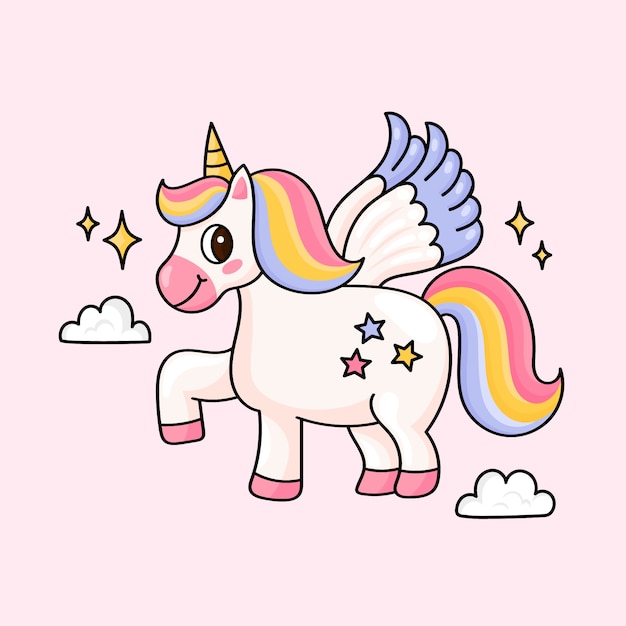 Ilustración de dibujos animados de unicornio dibujado a mano