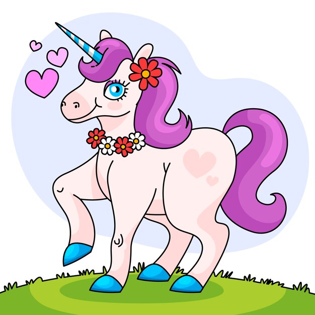 Ilustración de dibujos animados de unicornio dibujado a mano