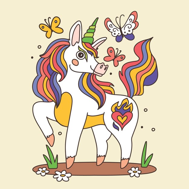 Ilustración de dibujos animados de unicornio dibujado a mano