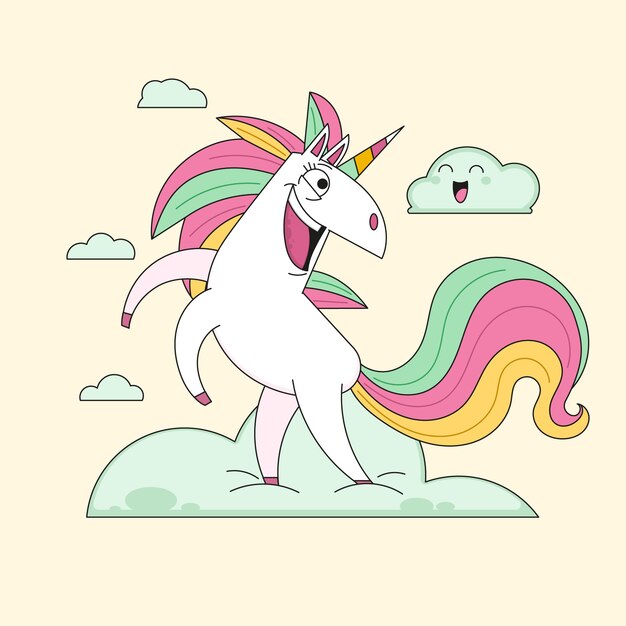 Ilustración de dibujos animados de unicornio dibujado a mano