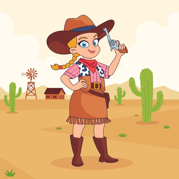 Ilustración de dibujos animados de vaqueras dibujada a mano