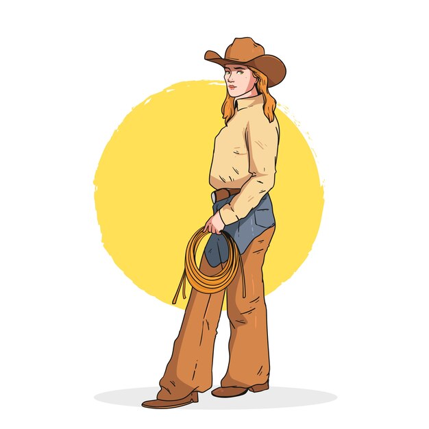 Ilustración de dibujos animados de vaqueras dibujada a mano