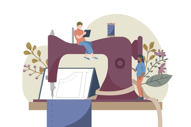Ilustración de diseñador de moda dibujado a mano plana con máquina de coser