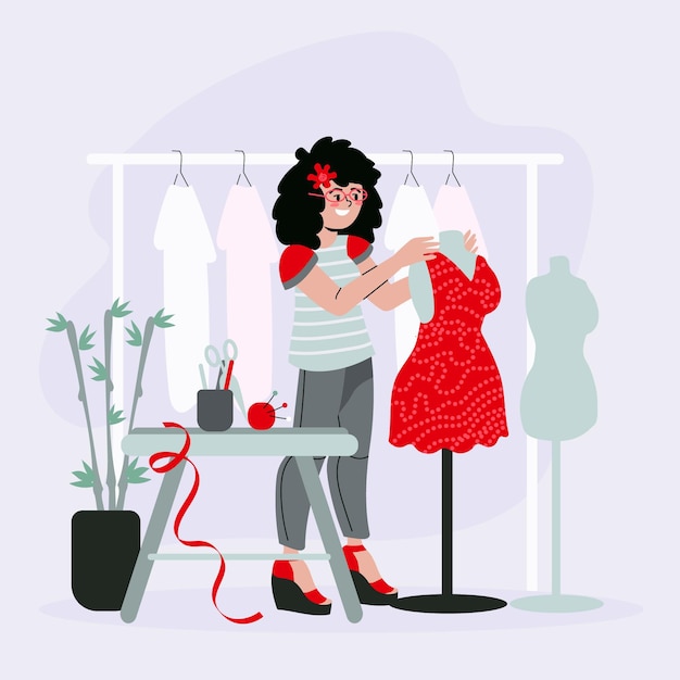 Vector gratuito ilustración de diseñador de moda con mujer y ropa en percha