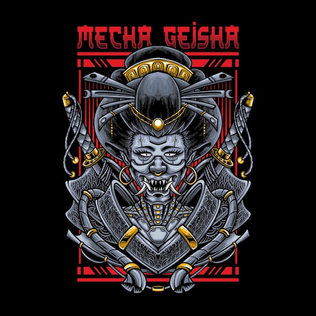 Ilustración de diseño de camiseta de mecha geisha