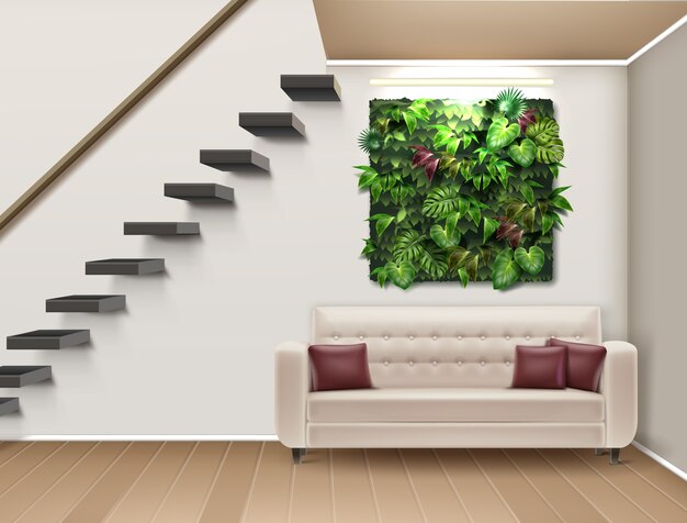 Ilustración de diseño de interiores con jardín vertical, sofá y escalera moderna