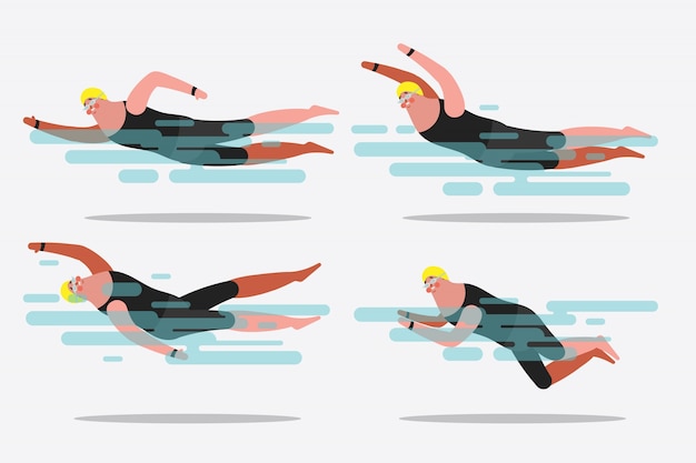 Ilustración del diseño del personaje de dibujos animados. Muestre varias posturas de natación.