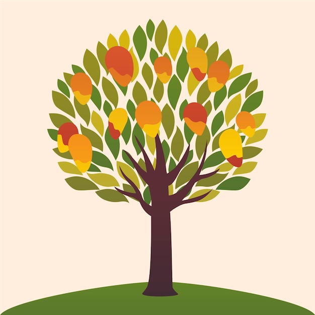 Ilustración de diseño plano árbol de mango con frutas