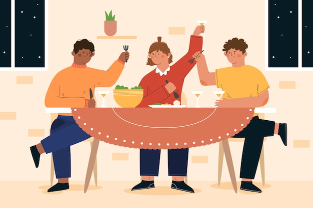 Ilustración de diseño plano gente comiendo
