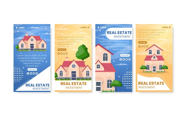 Ilustración de diseño plano de plantilla de historias de instagram de inversión inmobiliaria editable de fondo cuadrado adecuado para redes sociales, tarjetas de felicitación y anuncios web en internet