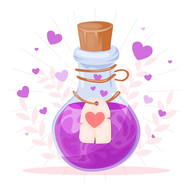 Ilustración de diseño plano de poción de amor con etiqueta
