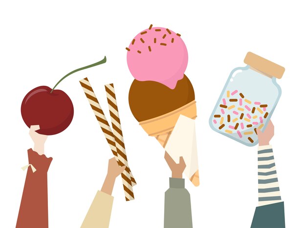 Ilustración de diversas personas con dulces