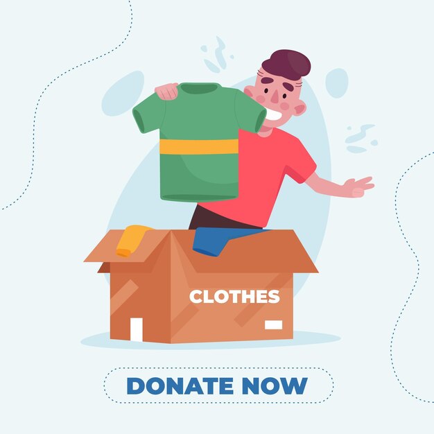 Ilustración de donación de ropa dibujada a mano plana con personas