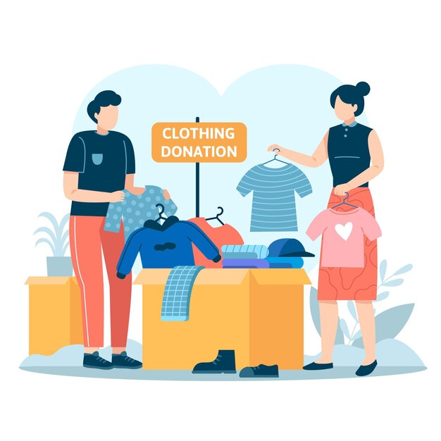 Ilustración de donación de ropa dibujada a mano plana con personas