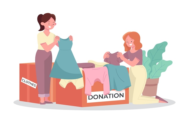 Vector gratuito ilustración de donación de ropa dibujada a mano plana con personas