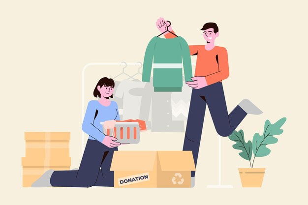 Ilustración de donación de ropa dibujada a mano plana con personas