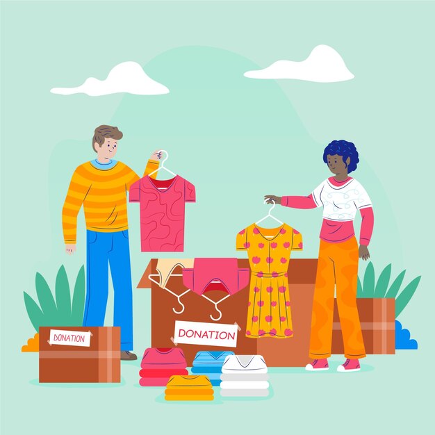 Ilustración de donación de ropa dibujada a mano plana con personas