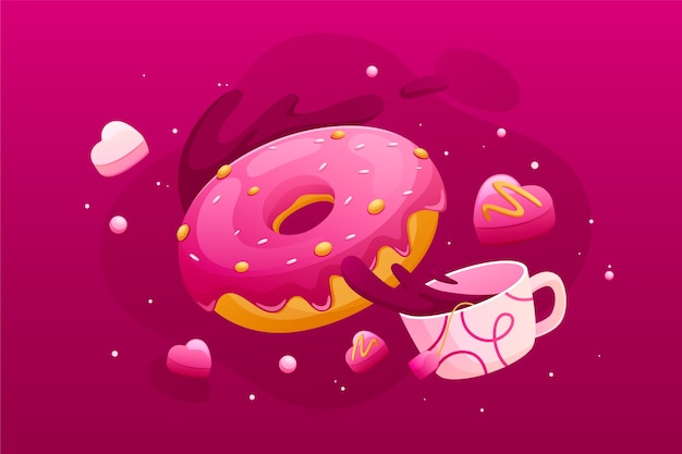 Ilustración de donut y café hiper rosa degradado