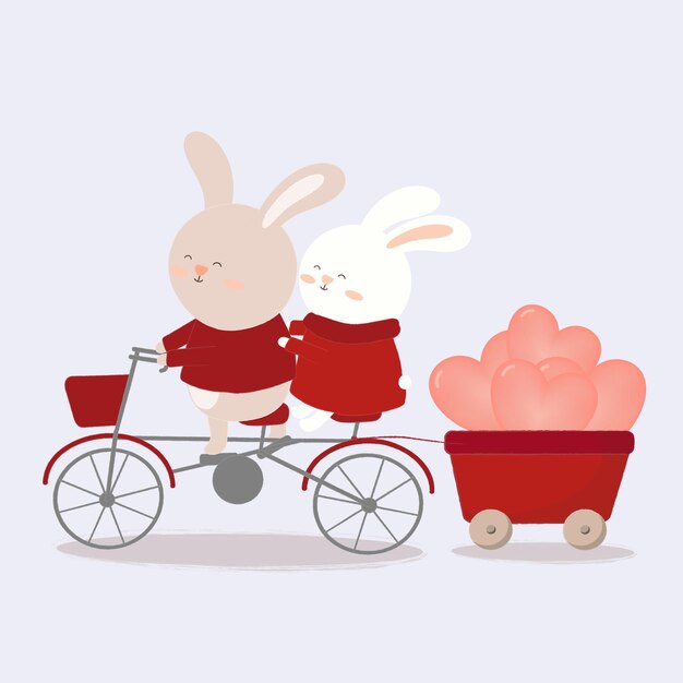 Ilustración de dos conejos en una bicicleta llevando un globo en la espalda.