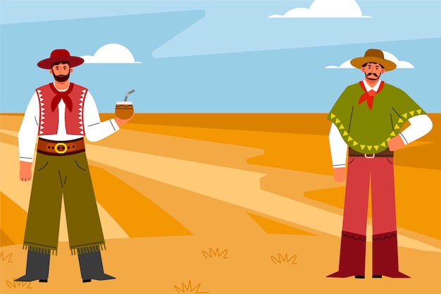 Ilustración de dos gauchos en postre en estilo dibujado a mano