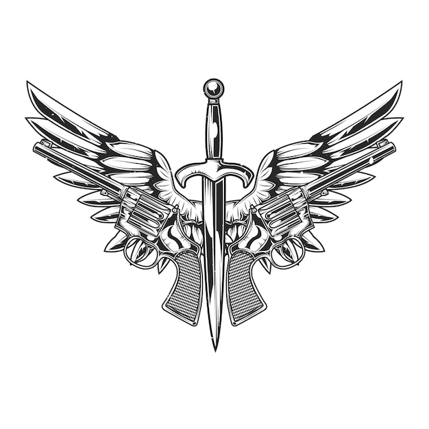 Ilustración de dos pistolas, cuchillo y alas.