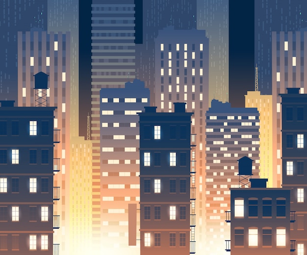 Ilustración de edificios modernos en la noche. Fondo con grandes edificios urbanos.