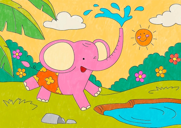 Ilustración de elefante rosa, niños editables para colorear vector de página